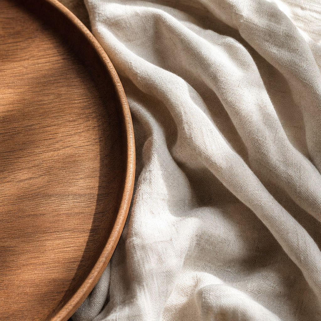 Warm cedar wood beside draped cream linen